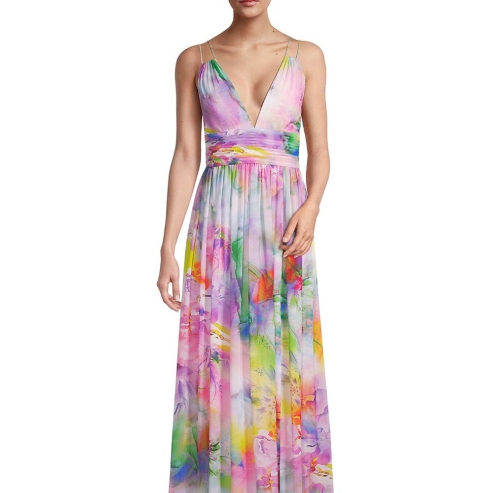 Aidan Maddox multi-colored floor-length chiffon gown